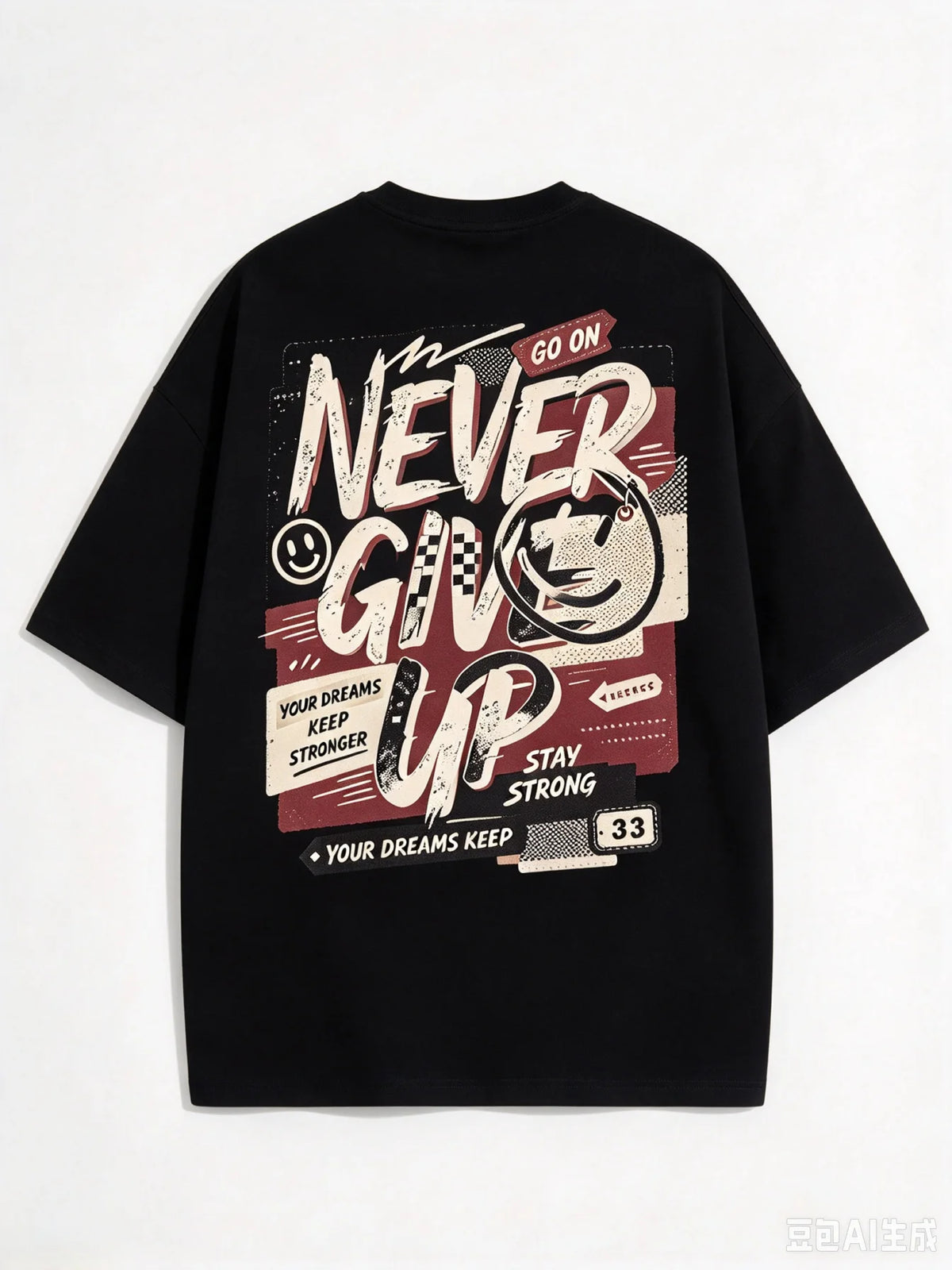 Mens Motivational Slogan Back Print T‑Shirt Retro Smiley Face Graphic Casual Street Short Sleeve Crew Neck Tops